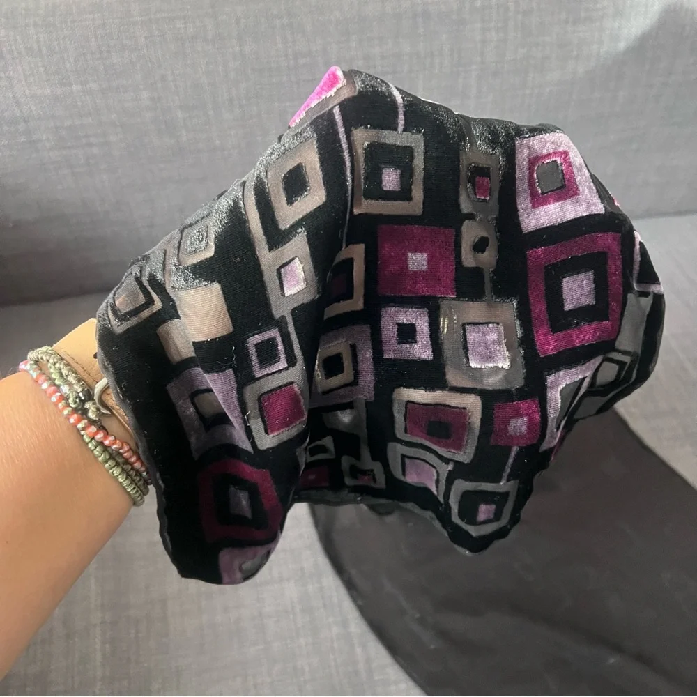 Silk and chenille black and purple scarf with geometric design lovely an…